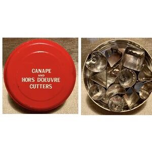 Vintage Canape Hors D'oeuvre Cutters Set 12 Piece Metal Tin Made in Japan Red